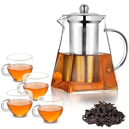 Pluiesoleil 950ML Square Glass Teapot 4 Cups Set, Clear Borosilicate Glass Tea Pot with Infuser, Loose Leaf Filter Teapot for 4, Large Capacity for Home Use - 950ML SET 4CUPS