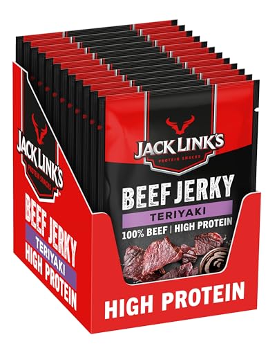 Jack Link's Beef Jerky, Teriyaki Flavour, Multipack of 12 x 25g Bags, High Protein Meat Snack, Made with Premium Beef - Teriyaki - 25 g (Pack of 12)