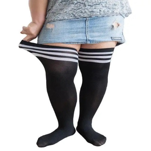 Plus-Size School Girl Thigh High Stockings in White Stripes or Solid Black - School Girl Style (White Stripes)