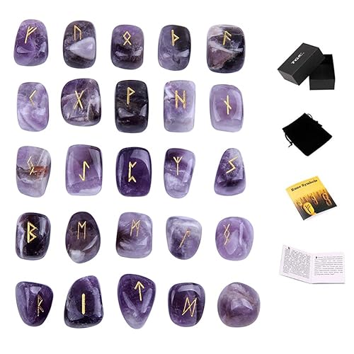TGS Gems Amethyst Rune Stones Set Engraved Pagan Lettering with Instruction Booklet and Velvet Pouch - Amethyst
