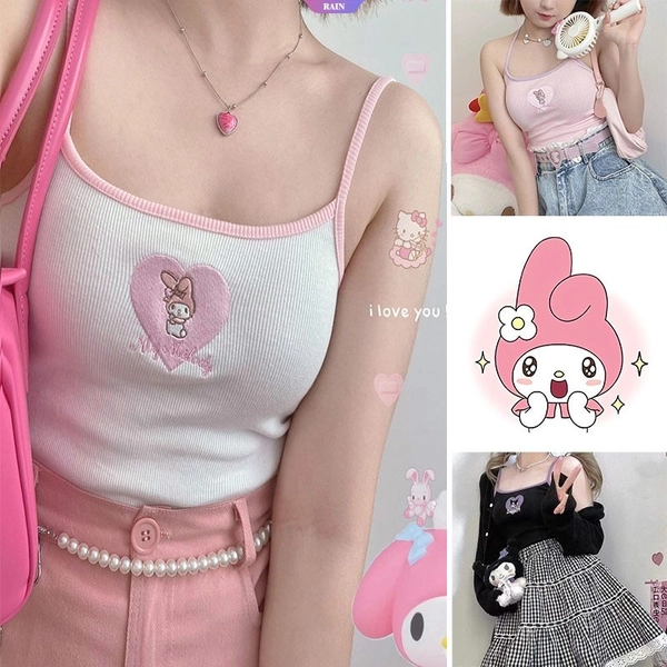 Cartoon Anime Sanrio Kuromi My Melody Y2k Tops Summer New Sexy Sweet Cute Women Embroidery Girl Short Versatile Tank Top Underwear Clothes [RAIN]