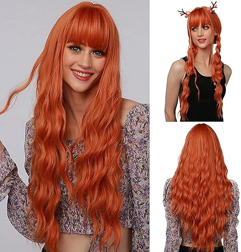 Esmee Lungo Arancione Parrucche per le Donne Natuaral Sintetico Ondulato Ricci Capelli Parrucca per Partito Cosplay Uso-27 Pollici - Arancione