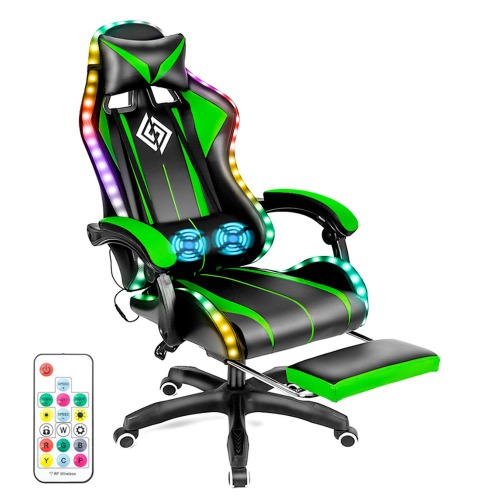 Gaming LED Massage Chair with Footrest - Green