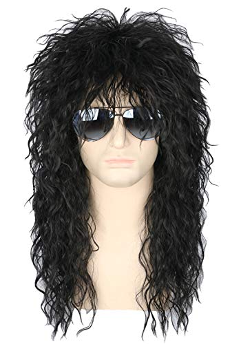 Topcosplay Men’s 80s Wig Black Mullet Wigs Halloween Costume Male Wig Punk Heavy Metal Rocker Wig Curly Long - Black