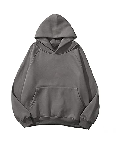 Lauweion Women Solid Basic Fleece Letter Loose Hoodie Sweatshirt Long Sleeve Kangaroo Pocket Drop Shoulder Pullovers Top - X-Large - Dark Grey