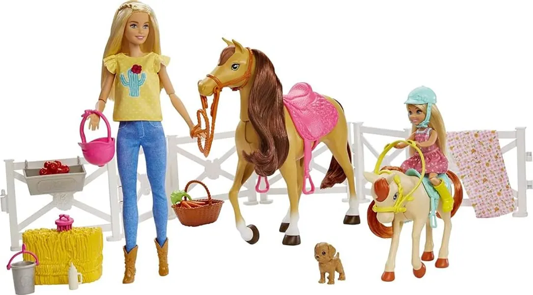 Barbie Playset with Barbie and Chelsea Blonde Dolls, 2 Horses with Bobbling Heads and 15+ Toy Accessories that Include Corral Fencing, Feeding, Grooming, Nurturing and Horseback Riding Pieces for 3Y+ - Blonde