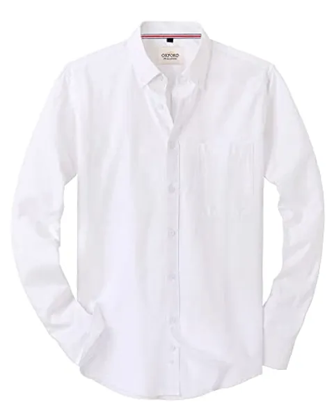 Alimens & Gentle Men's Solid Oxford Shirt Long Sleeve Button Down Shirts with Pocket - White-webbing - Medium