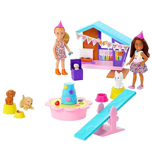 Barbie Chelsea Dog Party Two Dolls with Pets and Play Set with Accessories, Toy +3 Years (Mattel HJY88)