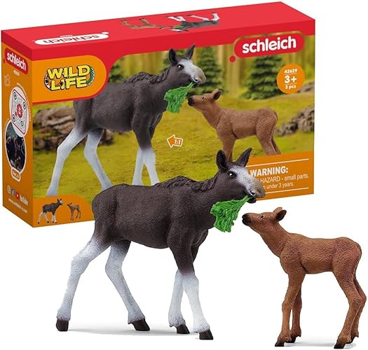 Schleich Wild Life Mother Moose and Calf Playset - North American Forest Animal Toys Playset with Realistic Natural Mother Moose and Baby Calf, Gift for Toddlers, Kids, Boys, and Girls Ages 3 and Up
