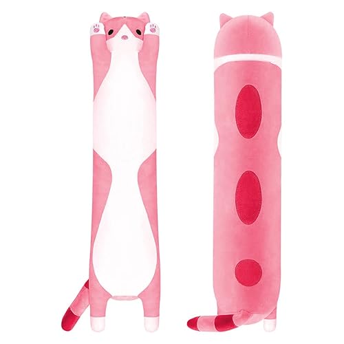 KUNSTIFY Seitenschläferkissen Katze Kuscheltier für Kinder, Schwangere und als Geschenkidee (50cm, Pink/Weiß) - 50cm - Pink / Weiß