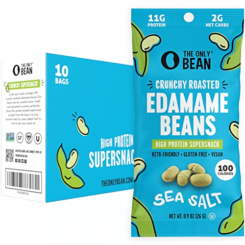 The Only Bean Crunchy Dry Roasted Edamame Snacks (Sea Salt), Keto Snack Food, High Protein (11g) Healthy Snacks, Low Carb Gluten Free Office Vegan Food 100 Calorie Snack Pack, 0.9oz 10 Pack - #1 Sea Salt - 0.9 Ounce (Pack of 10)