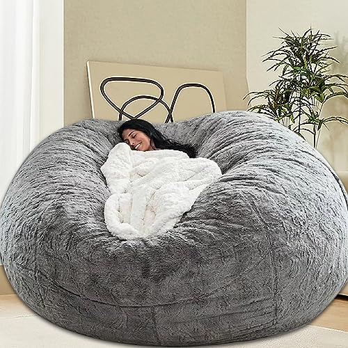HDMLDP Bean Bag Chair for Adults Kids without Filling Comfy Fluffy Giant Round Beanbag Lazy Sofa Cover for Reading Chair Floor Chair, 7FT, Grey - 7FT - Grey