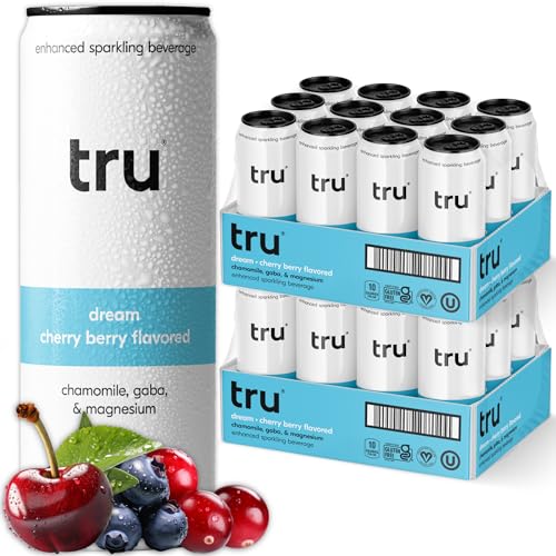 Tru Dream Seltzer, Cherry Berry Flavored Sparkling Water Made with Real Fruit Juice - Calm Sleep Drink plus Chamomile Extract - Caffeine Free, Kosher, GF, No Added Sugar Beverages, 12oz (Pack of 24) - dream (cherry-berry) - 12 Fl Oz (Pack of 24)