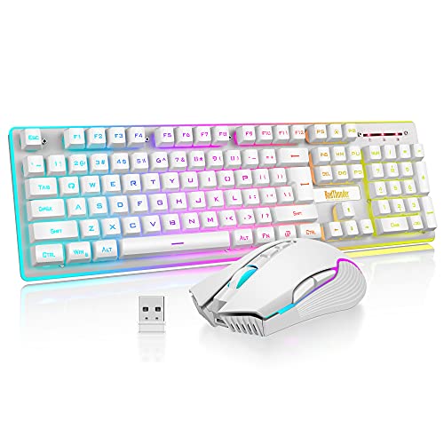 RedThunder K10 Wireless Gaming Keyboard and Mouse Combo, LED Backlit Rechargeable 3800mAh Battery, Mechanical Feel Anti-ghosting Keyboard + 7D 3200DPI Mice for PC Gamer (White) - White