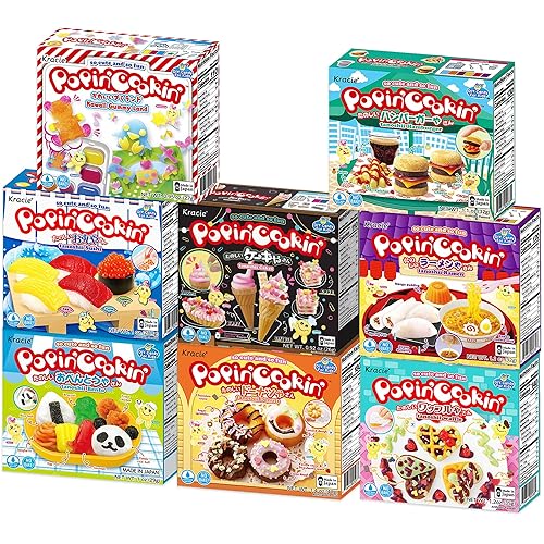 K-Munchies Kracie Popin Cookin Kits - 8 Pack Assorted Japanese Candy Making Kit - Bento, Ramen, Hamburger, Gummy Sushi, Waffle, Cake, Donut DIY Candy Kit - Edible Experiments for Kids - Made in Japan - Sushi,Waffle,Cake,Donut, Ramen,Burger,Gummi,Bento - 1 Count (Pack of 8)
