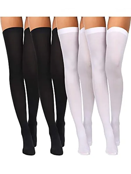 Boao 4 Pairs Women's Silk Thigh High Stockings Nylon Socks for Women Halloween Cosplay Costume Party Tights Accessory - Black, White 