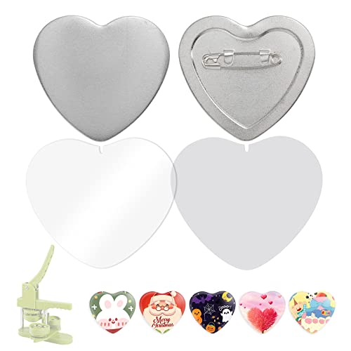 BEAMNOVA 100 Sets of Heart Button Maker Supplies Metal Button Parts for Pin Making Machine Heart-Shaped Bottom Pin Set, Every Set Includes Top, Clip Bottom & Plastic Film - Heart-Shaped - 58mm / 2.28 in (approx. 2-1/4 inch)