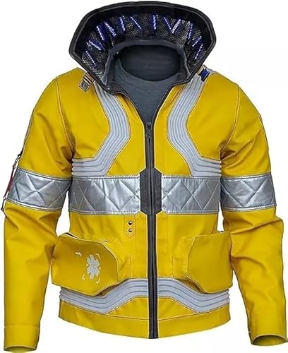David Martinez Cyborg 2077 Yellow Costume Illuminate Emergency Graphics Edgerunners Cosplay Cyber Gaming Faux Leather Jacket - X-Small - With Collar Lights