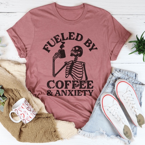 Fueled By Coffee & Anxiety Tee - Mauve / L