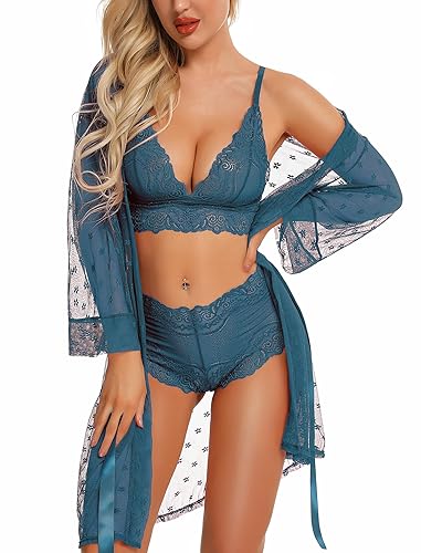 RSLOVE Women Sexy Lingerie Set 3 Piece Lace Kimono Robe with Bra and Panty Sheer Sleepwear - XX-Large - Blue Green