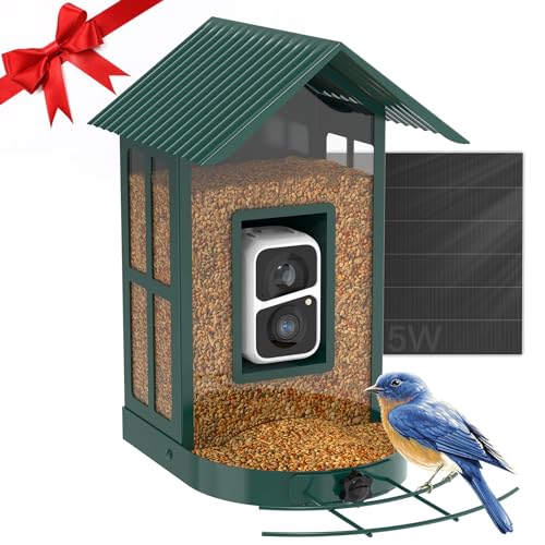 SOLIOM BF08- Metal Bird Feeder Camera with Smart AI Identify Bird Species, Wild Bird Watching Cam, Live View, Instant Notifications with 5W Solar Panel - Green
