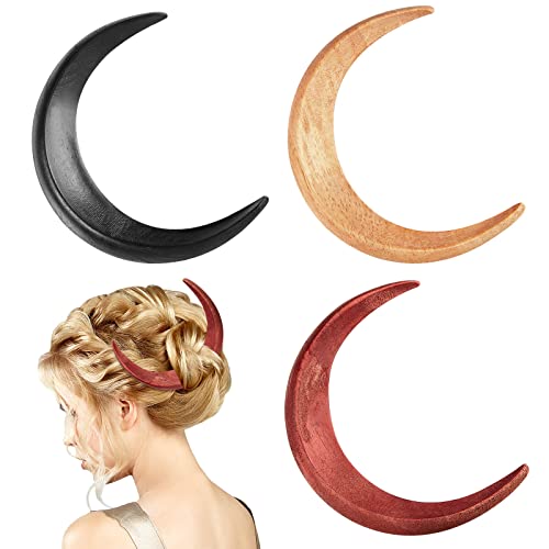 3 Pcs Moon Hair Fork / Hairpin for Women 5.12'' Moon Hair Stick Hand Carved Thin Long Hair Clip/ Accessories, Wooden Barrettes Lightweight Hair Styling Tool (Red, Black and Wood Color) - Red, Black and Wood Color