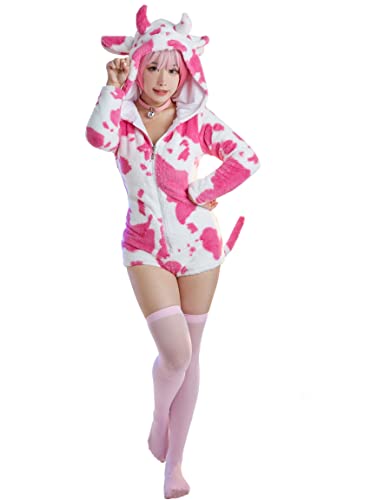 MEOWCOS Onesie Pajamas Adult Animal One Piece Cosplay Suit for Womens Cotton Bodysuit Tops One Piece Halloween Costume - XX-Large - Cow-pink-white