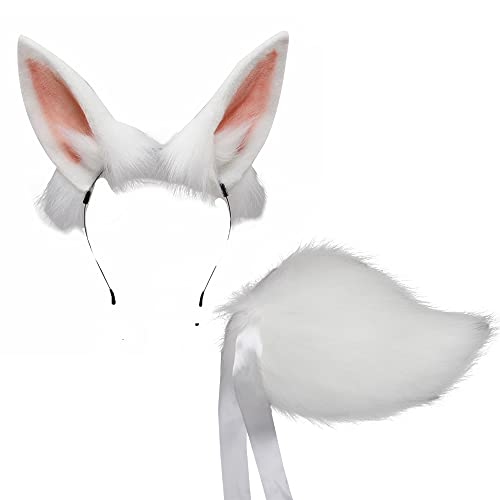 VIGVAN Handmade Rabbit Ears Cute Animal Ears Accessories Rabbit Ear Headband - White Ear Tail Set