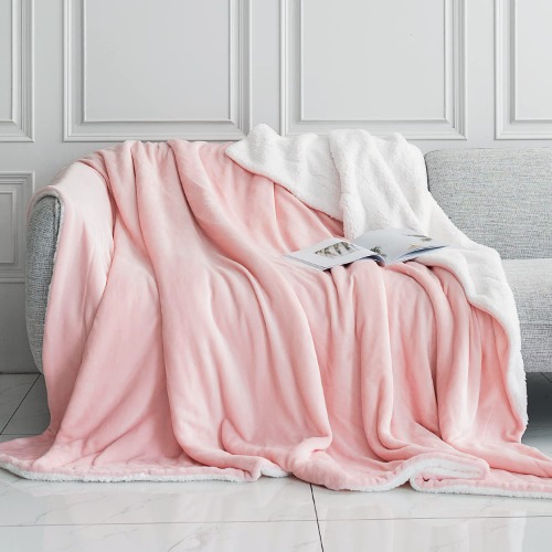 Anjee Sherpa Fleece Throw Blanket, 130 x 150cm Double-Sided Super Soft Reversible Bed and Couch Blanket, Warm and Lightweight Home Decoration Blanket, Pink & White for Single Size - 130 x 150cm - Pink & White