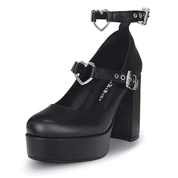 MUBUPUXU Women's Sexy Thick Heels Platform Heart Buckle Strap Mary Janes High Heel Round Toe Goth Shoes