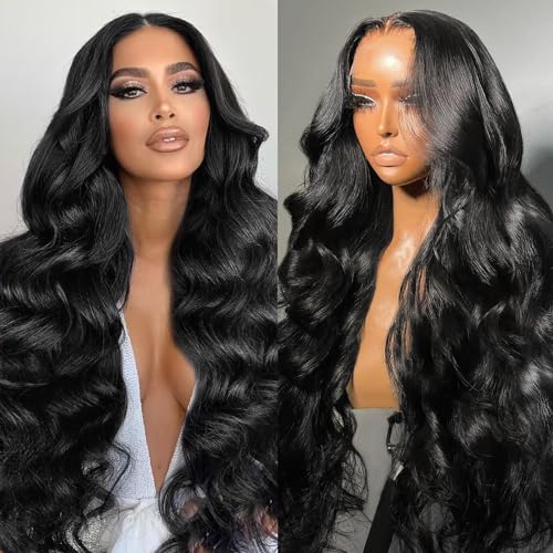 32 Inch Body Wave Lace Front Wigs Human Hair Pre Plucked 13x4 HD Transparent Lace Frontal Wigs Human Hair 180 Density Glueless Brazilian Virgin Human Hair Wig for Women with Baby Hair Natural Black - 32 Inch - 13x4 Lace Front Wigs Body Wave