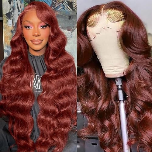 Reddish Brown Lace Front Wigs Human Hair Reddish Brown Wig Human Hair Pre Plucked with Baby Hair Body Wave Lace Front Wigs Human Hair 180% Density Glueless 13x4 HD Lace Front Wigs Human Hair 30 Inch - 30 Inch - Reddish Brown