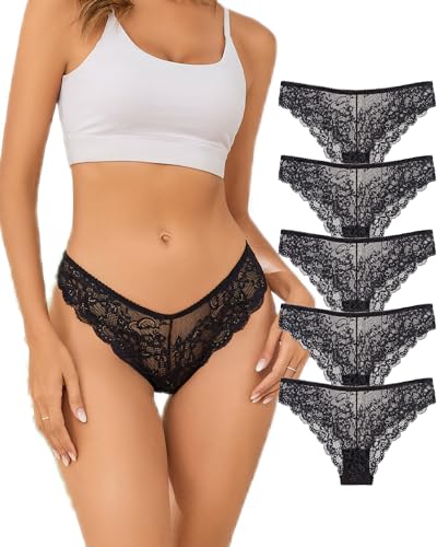UGDUCK Seamless Cheeky Underwear for Women No Show Lace Panties for Women 5 Pack Sexy Cheeky Ladies Bikini Panties - Large - Black