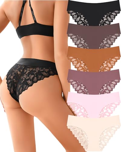 UNDER THE SEA Sexy Cheeky Underwear for Women Seamless Soft Lace Hipster No Show Ladies Bikini Womens Panties 6 Pack S-XL - Large - Brown