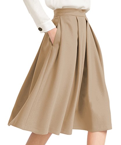 Yige Women's High Waist Flared Skirt Pleated Midi Skirt with Pocket - 16 - Khaki