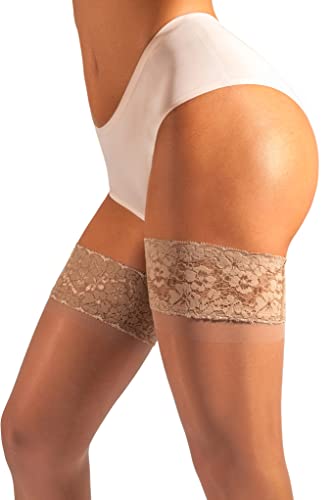 sofsy Lace Thigh High Stockings [Made in Italy] Sheer Stockings for Women Lingerie Top Thigh High 15/20 Den - Small - Natural - 15 Den