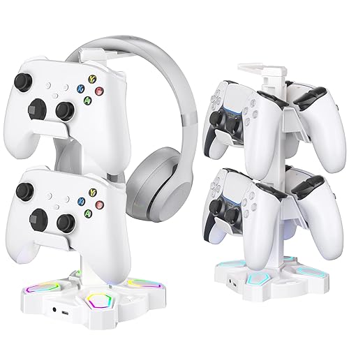 KDD Gaming Headphones Stand, Rotatable Headset Stand with Light Modes - Controller Holder with 2 USB Charging Ports and 3.5mm - Earphone Hanger Accessories for Desktop Gamer(White) - White
