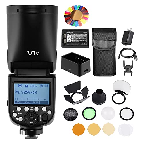 Godox V1 V1-C Flash for Canon Camera Speedlight with Godox AK-R1 Accessories kit, 2600mAh Li-ion Battery TTL 76Ws 2.4G, 1/8000 HSS, 1.5 sec. Recycle Time On-Camera Round Head Flash Speedlite