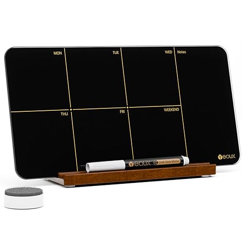 Desktop Black Glass Weekly Planner Dry Erase Whiteboard with Detachable Wood Stand,Small Portable Week Calendar to Do List White Board 12x6 for Office, Home, Schools, Marker&Eraser Included, Yeoux - Black