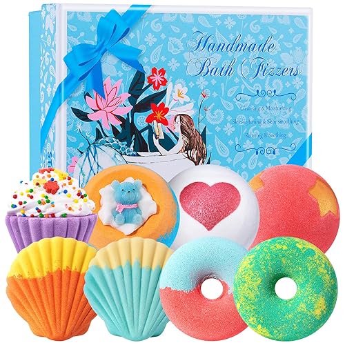 STNTUS INNOVATIONS Bath Bombs, 7 Natural Bath Bomb Gift Set, Bubble Bathbombs for Women Kids, Shea Butter Moisturize, Gifts for Mom Her Girlfriend, Mothers Day Gifts, for Birthday Valentines Christmas - Blue-8pcs