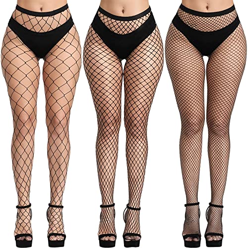 3 PCS Black Fishnet Stockings For Women, Fish Nets Women Tights, Fishnet Tights Womens Thigh Hight Stockings - Three Grid Style