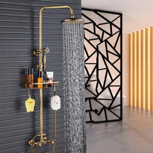 Dual Handle  Antique Brass Bathroom 8" Rainfall Shower Faucet with Storage Holder