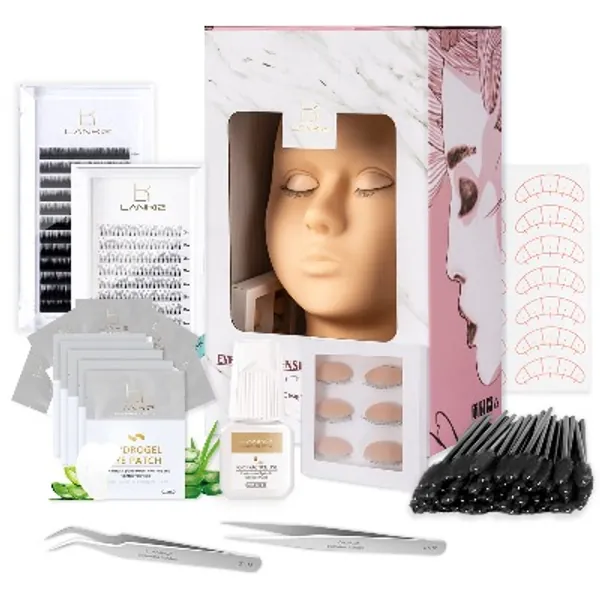 LANKIZ Eyelash Extension Kit with Replaced Eyelids Mannequin Head Practice Training Lash Extension Kit for Beginners
