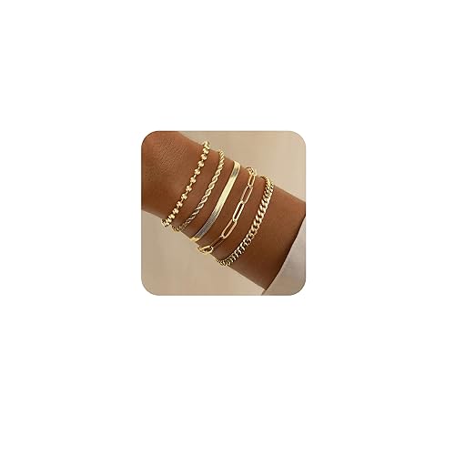 Gold Bracelets for Women,Dainty Bracelets Set for Women Trendy, Gold Bracelets Stack With Beaded, Cuban, Paperclip, Heart, Snake, Rope, Pearl, Cross, Hand Chain, Silver Jewelry Gifts for Women Mom - Style01-5PCS