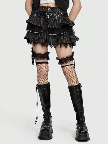 ROMWE Grunge Punk Striped Ruffle Trim Belted Garter Skirt