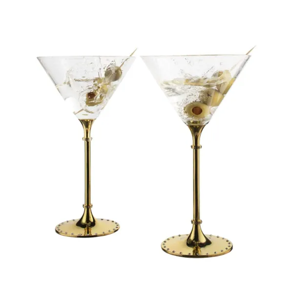 Gold Cocktail, Martini & Champagne Glasses Rhinestone DIAMOND Studded, Elegant Crystal Glassware, Set of 2 - 10" H 10oz The Wine Savant