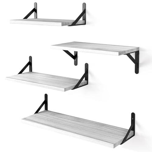 YGEOMER Floating Shelves, Rustic Wood Shelves, 4 Sets of Wall Mounted Shelf for Bathroom Decor, Bedroom, Living Room and Plants (White Wash) - 13-white Wash