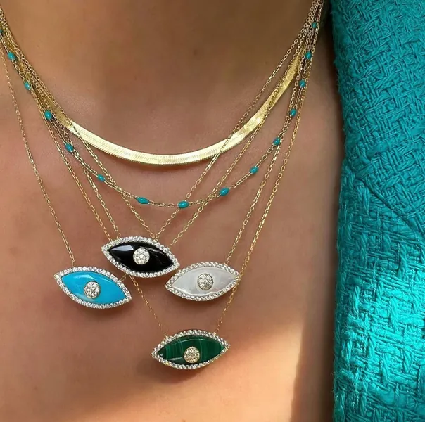 Malachite Evil Eye Pendant Necklace, Turquoise Evil Eye Necklace, Mother of Pearl Layering Eye Necklace, 925 Sterling Silver, Gift for Her