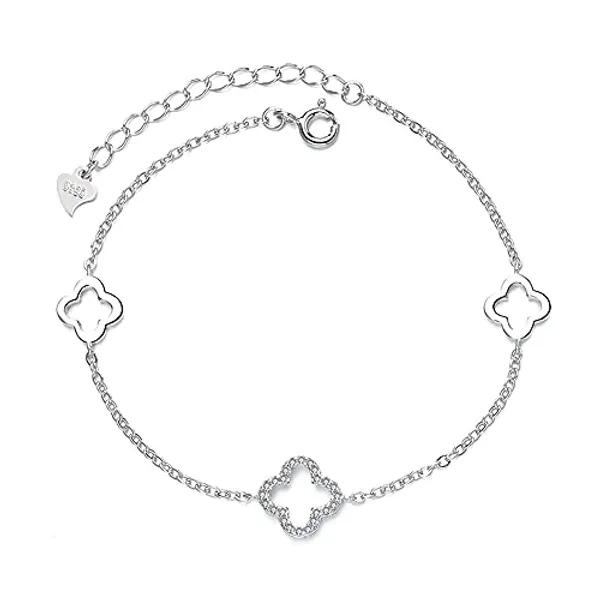 Belons Womens Bracelet 925 Sterling Silver Cubic Zirconia Four Leaf Clover Charm Bracelet Adjustable Chain, Gift for Girls Women