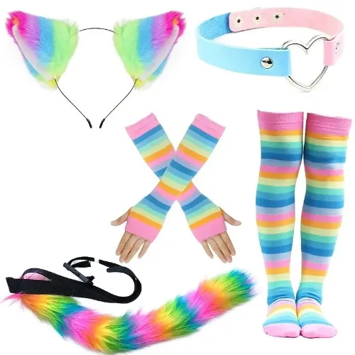 5pcs Rainbow Striped Cat Costume Accessory Set, Includes Faux Fur Tail, Collar, Cat Ears Headband, Gloves & Socks, Polyester & Spandex, for Cosplay, Halloween, Christmas & Party Animal Themed Dress-Up